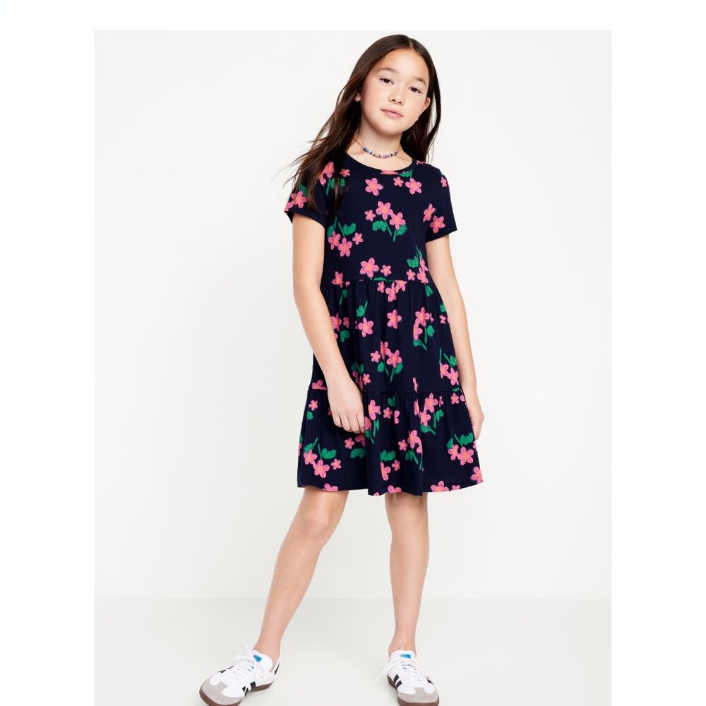 Old Navy Short-Sleeve Tiered Swing Dress for Girls in Navy Floral